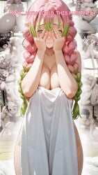 ai_generated blanket_grab demon_slayer hand_covering_face kanroji_mitsuri kimetsu_no_yaiba large_breasts mitsuri_kanroji pink_hair shy