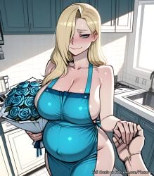 1boy 1girl ai_generated apron big_ass blonde_hair blue_eyes blue_flower blush boruto:_naruto_next_generations bouquet breasts bubble_butt cleavage closed_mouth collarbone comic comic_page covered_navel curvy english_text flower hair_over_one_eye highres holding holding_bouquet holding_hands huge_breasts indoors ino_yamanaka ino_yamanaka_(genin) kitchen large_breasts long_hair looking_at_viewer multiple_panels naked_apron naruto naruto_(series) naruto_shippuden patreon phanary pov pov_hands pregnant rose sideboob smile speech_bubble thick tiles