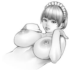 breasts closed_mouth collarbone female fingernails greyscale large_breasts lesson_wonder looking_at_viewer maid maid_headdress monochrome nude original short_hair simple_background solo upper_body white_background