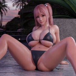 1girls 3d arms_behind_back ass big_breasts bikini black_bikini blender boobs breast_squeeze breasts breasts_bigger_than_head dead_or_alive glistening glistening_body hair_ornament hi_res honoka_(doa) milkers outdoors pink_hair ponytail pool poolside pose pussy pussy_lips pussy_peek radianteld red_eyes seductive_pose side_ponytail sitting solo spread_legs spreading stone stone_floor stone_wall swimsuit thick_thighs thighs tight_clothing tight_fit two_piece_swimsuit vagina wet wet_body wet_skin