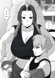 athletic athletic_female big_boobs big_breasts big_tits boobs boobs_on_face breasts breasts_on_face cleavage dubious_consent female horn larger_female left_(yomi_no_tsugai) long_hair male muscular muscular_female nonchalant pleia_desu shorter_male smaller_male suggestive suggestive_pose taller_female tits tits_on_face yomi_no_tsugai yuru_(yomi_no_tsugai)