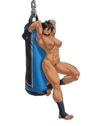 1girls breasts choker chubby female heppari muscular nude pubic_hair punching_bag pussy tagme