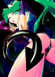 1girls 2010 armpits ass ass_focus darkstalkers green_eyes green_hair iopichio lips looking_at_viewer morrigan_aensland one_eye_closed shiny_skin tail thick_thighs thighs vintage wink