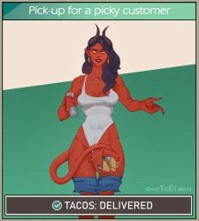 1dickgirl 1futa abs abs_visible_through_clothing alien balls black_hair bodysuit bodysuit_aside cock covered_breasts demon demon_futa demon_horns dick dickgirl dickgirl_only dispatch_(game) earrings english_text food food_play foreskin futa futa_only futanari gameplay_mechanics holding_food horns inviting inviting_viewer long_hair looking_at_viewer malevola_(dispatch) malevola_gibb muscular muscular_futa non-human owotodiuwu pants_down penis penis_on_food pointing_at_viewer precum red_body red_skin shorts_down smiling solo_futa taco tail tail_around_penis tail_fetish tail_play tall tall_futa text yellow_eyes