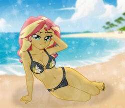 accurate_art_style beach bikini bikini_bottom bikini_top blue_eyes cleavage emeraldblast63 equestria_girls fuck_me_eyes hasbro lying lying_down lying_on_side multicolored_hair my_little_pony painted_toenails sand sunset_shimmer water yellow_body