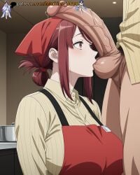 1boy 1girl 1girls adult adult_female ai_generated anime_style apron balls ballsack big_breasts big_penis boobs breasts bust busty busty_female busty_girl cashier clothes clothing cock dick erected_penis erection female girl head_scarf huge_cock large_breasts large_cock large_dick large_penis licking_balls long_penis machine_muse male mature mature_body mature_female penis penis_awe penis_on_face penis_on_head penis_worship precum precum_drip red_eyes red_hair sexy sexy_body shirt solo_focus striped_shirt sucking_balls super_no_ura_de_yani_suu_futari testicles tits uncensored veiny_penis watermark yamada_(super_no_ura_de_yani_suu_futari)