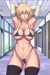 1girls arms_behind_back arms_behind_head bemannen big_breasts bikini black_thighhighs blonde_hair curvy_figure eye_contact female gloves looking_at_viewer mature_female micro_bikini milf mitsuki_bakugou mother my_hero_academia pale-skinned_female pale_skin red_eyes thick_thighs thighhighs thong