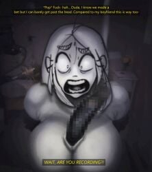 1boy 1girls alternate_version_available bet blowjob caught caught_in_the_act cheating cheating_girlfriend dark-skinned_male editorfella kenzou large_penis ntr offscreen_character offscreen_male paizuri photo photo_editing recording recording_video scared scared_expression speech talking titfuck titjob