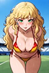 ai_assisted ai_generated big_breasts bikini blonde_hair blush curvy curvy_body curvy_female curvy_figure curvy_hips female female_only girl green_eyes long_hair sexy sexy_pose sfw smile spain stadium standing woman
