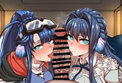 1boy 2girls ai_generated arknights astesia_(arknights) astgenne_(arknights) bird_girl blue_eyes blue_hair blue_shirt blush cooperative_fellatio fellatio hetero huge_breasts large_penis licking_penis long_hair oral penis_on_cheek ponytail sisters sparkling_eyes sweat teamwork white_dress