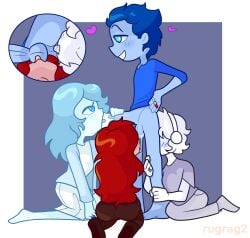 1boy 1boy3girls 3girls analingus balls balls_sucking blowjob blue_(overly_sarcastic_productions) cyan_(overly_sarcastic_productions) indigo_(overly_sarcastic_productions) kneeling overly_sarcastic_productions polyamory ragsuo2 red_(overly_sarcastic_productions) rimjob rimming standing sucking