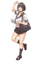 1girl black_hair blue_eyes blush breasts crop_top full_body holding_bag kai_jj large_breasts looking_at_viewer navel open_mouth original pussy school_uniform shoes socks solo v_sign