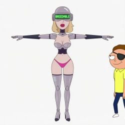 1boy adult_swim ai_assisted ai_generated animated beth_smith cleavage covered_eyes cyborg cyborg_girl female gwendolyn_(rick_and_morty) helmet helmet_over_eyes high_heels mechanical_arms mechanical_legs mechanical_neck morty_smith navel panties pink_thong pink_underwear puffy_lips red_lips rick_and_morty robot_girl standing t-pose tagme video white_background