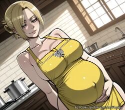 1girl ai_generated annie_leonhardt apron arm_behind_back attack_on_titan big_ass big_belly blonde_hair blue_eyes blush breasts brick_wall bubble_butt cleavage collarbone comic comic_page covered_navel curvy dutch_angle english_text faucet folded_ponytail hand_on_own_stomach highres huge_breasts indoors kitchen large_breasts mature_female multiple_panels naked_apron phanary pregnant shingeki_no_kyojin short_hair sideboob sink smile solo speech_bubble stove thick window yellow_apron