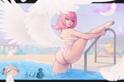 angel angel_wings background big_ass big_breasts big_butt cissia_(zenless_zone_zero) color colored doktor_malefic hoyoverse mihoyo pink_hair pool remielle_(zenless_zone_zero) remielle_dan swimsuit thick_thighs thighhighs thighs zenless_zone_zero