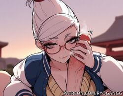 1female 1girl 1girls 2d 2d_(artwork) ai_generated ayase_seiko big_breasts big_cock big_tits brown_eyes cock_on_face cock_on_head dandadan glasses hair_bun handjob high_resolution highres large_ass large_breasts large_cock large_tits light-skinned_female light_skin patreon patreon_username ryogangg white_hair