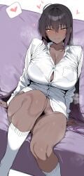 1girl absurdres ai ai_generated arm_support black_hair blue_archive bottomless cleavage closed_mouth collarbone collared_shirt dark-skinned_female excessive_pubic_hair female_pubic_hair floating_hearts full-face_blush gradient_hair heart highres karin_(blue_archive) kneehighs large_breasts looking_at_viewer motion_lines no_panties on_couch purple_hair pussy_peak simple_background sitting smile spoken_heart steaming_body sweat sweatdrop thighs very_long_hair very_sweaty white_background white_shirt white_socks yellow_eyes
