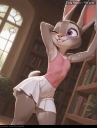 1girl ai_generated animal_ears armpits book bookshelf furry furry_female indoors judy_hopps one_eye_closed panzglard pleated_skirt purple_eyes rabbit_ears rabbit_girl rabbit_tail skirt small_breasts smile solo tail teeth white_skirt zootopia zootopia_2