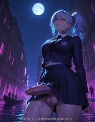 1girl ai_generated bangs black_necktie black_skirt blue_hair boat breasts building city collared_shirt cowboy_shot cum erection explicit from_below full_moon futanari glowing glowing_eyes jacket large_breasts large_penis long_hair long_sleeves moon necktie night night_sky nyx_x outdoors parted_lips penis pleated_skirt ponytail purple_eyes school_uniform shirt side_ponytail silhouette skirt sky solo_focus standing star_(sky) tattoo testicles uncensored veins veiny_penis water watermark white_shirt