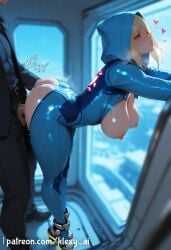 1boy 1girls ai_generated ass ass_grab big_ass big_breasts blue_eyes blush breast_grab breasts closed_mouth clothes clothing doggy_style duo exposed_breasts female female_focus large_ass large_breasts light-skinned_female light_skin long_hair looking_at_viewer male metroid nipples penis penis_in_pussy pink_nipples pussy samus_aran sexy sexy_body sexy_female yellow_hair younger_female