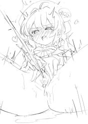 1girl blush commentary_request female_masturbation gumi_5793 hat lineart masturbation open_mouth otomachi_una pussy solo spread_legs vocaloid