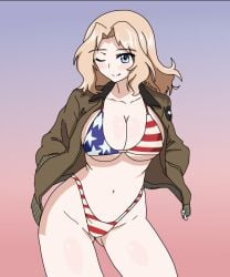 american_flag_bikini big_ass big_breasts blonde blonde_female blonde_hair blue_eyes blush blushing boobs busty collarbone girls_und_panzer hands_in_pockets highlights_(coloring) jacket jacket_open kay_(girls_und_panzer) licking licking_lips looking_at_viewer schoolgirl shadow swimsuit swimwear thick_thighs thighs