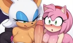 2girls ai_generated amy_rose black_nose blue_eyeshadow blush furry green_eyes hard_cock large_breasts long_eyelashes male_pov naked pink_fur pink_hair rouge_the_bat sega short_hair side_by_side smirk sonic_(series) suprised threesome wekilled_god wide_eyed