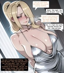 1girl ai_generated areola_slip arms_behind_back bare_shoulders big_ass blonde_hair blue_eyes blush boruto:_naruto_next_generations breasts bubble_butt cleavage closed_mouth collarbone comic comic_page curvy dress english_text hair_over_one_eye highres huge_breasts ino_yamanaka ino_yamanaka_(genin) large_breasts long_hair mature_female multiple_panels naruto naruto_(series) naruto_shippuden patreon phanary plunging_neckline ponytail solo speech_bubble thick