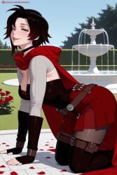 1girl ai_generated belt black_hair black_legwear blush breasts cape cleavage dress fingerless_gloves flower gloves gradient_hair hi_res high_quality high_resolution kiraamane looking_at_viewer medium_breasts multicolored_hair pantyhose patreon petals red_cape red_hair rose rose_petals ruby_rose rwby seductive sexy short_hair silver_eyes smile solo two-tone_hair uncensored watermark