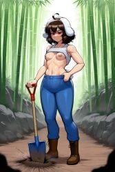 1girl ai_generated ass bamboo_forest blue_pants boots breasts brown_boots brown_hair bunny_ears bunny_tail digging female krekk0v krekk0v_(style) mouth_closed nipples red_eyes short_hair shovel small_ass small_breasts solo solo_female standing tanktop tewi_inaba touhou