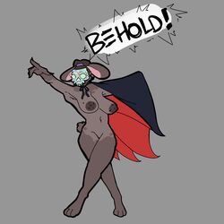 2d anthro beauty_mark big_breasts breasts cape clothing dialogue empskit exhibitionism female gesture halloween hi_res holidays huge_breasts lagomorph leporid mammal marlena_(empskit) mask nude pointing presenting rabbit sagging_breasts simple_background solo standing sugar_skull