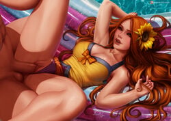 1boy 1girls alternate_costume balls big_breasts big_lips blush blushing bow breasts brown_eyes calves cleavage clitoris erection female flower freckles just_the_tip league_of_legends leona_(league_of_legends) lips long_hair luminyu luscious_lips lying_down lying_on_back male missionary_position no_body_hair nude_male open_mouth orange_hair panty_pull penetration penis pool pool_party_leona pool_party_series pussy ribbon riot_games sex shaved_pubes shaved_pussy spread_legs spreading summer sunflower teeth testicles tongue underwear_aside vaginal_penetration very_long_hair water