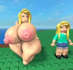 antochan areola areolae big_ass big_breasts big_nipples blonde_hair completely_nude completely_nude_female looking_at_another massive_ass massive_breasts meme natural_disaster_survival roblox robloxian