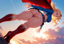 1girl 1girls ai_generated ass balecxi blonde_hair blue_eyes blue_panties blue_skirt blue_sky boots breasts cape clothing cloud cloudy_sky crop_top curvaceous curvaceous_female curvaceous_figure curvy curvy_figure dc dc_comics dusk dutch_angle evening female female_focus female_only footwear from_behind from_below gradient_sky high_heel_boots high_heels huge_ass inviting inviting_to_sex kara_zor-el knee_boots kneepits large_breasts lips long_hair long_sleeves looking_at_viewer looking_back microskirt midriff miniskirt orange_sky outdoors panties pantsu parted_lips pleated_skirt presenting presenting_ass presenting_hindquarters presenting_self red_cape red_footwear seductive seductive_look seductive_smile shiny_skin shirt shoes skirt sky smile solo standing sun sunset supergirl supergirl_(series) superhero superman_(series) thick_thighs thighs thong underwear upskirt voluptuous voluptuous_female wedgie