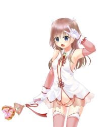 1girl absurdres bare_shoulders blue_eyes blue_gem blush bottomless breasts brooch center_opening cleft_of_venus collared_shirt cowboy_shot elbow_gloves game_asset garter_belt gem gloves gloves_over_elbow_gloves hair_ribbon hand_on_own_head hand_up hiba_airi hiba_airi_(magical_girl) highres holding holding_staff holding_weapon jewelry long_hair mage_staff magical_girl no_bra non-web_source official_art open_mouth pink_hair pink_sleeves pink_thighhighs pussy red_trim revealing_clothes ribbon roshutsu-kei_mahou_shoujo see-through_clothes see-through_frills see-through_shirt shirt shitou_(4h) sideboob simple_background sleeveless sleeveless_shirt small_breasts solo sprite staff standing tachi-e thighhighs transparent_background two_side_up v v-shaped_eyebrows weapon white_garter_belt white_gloves white_ribbon