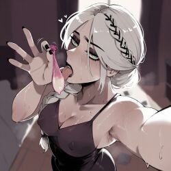 1girls ai_generated black_nails braid breasts cd_projekt_red ciri condom condom_filling falewii female female_only green_eyes licking_condom light-skinned_female light_skin looking_at_viewer mascara nipples_visible_through_clothing solo solo_female the_witcher_(series) the_witcher_4 tongue_out wet_body white_hair