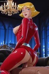 1boy 1girl ai_generated ass blonde_hair blue_eyes blush bodysuit breasts clover_(totally_spies) girl_on_top hetero hi_res high_quality high_resolution lips looking_back medium_breasts patreon penis seductive sex sexy shiny short_hair solo_focus spicytoonai straddling totally_spies uncensored vaginal watermark zipper