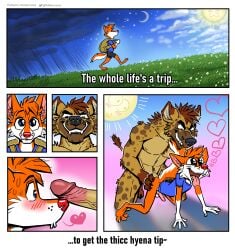 absurd_res all_fours anal anal_penetration animal_genitalia animal_penis anthro athletic athletic_anthro athletic_male backpack balls blush bodily_fluids bottomless bottomless_anthro bottomless_male bottomwear canid canine canine_genitalia canine_penis canis clothed clothing comic digital_media_(artwork) doggystyle duo english_text erection feet fingers foreskin fox from_behind_position fully_retracted_foreskin fur genital_fluids genitals grass heart_symbol hi_res humanoid_genitalia humanoid_penis hyena leaking_precum looking_pleasured male male/male male_penetrated male_penetrating male_penetrating_male mammal nikraccoom nude one_page_comic open_mouth outside penetration penile penis plant precum precum_string retracted_foreskin sex shirt shorts smile spotted_hyena sun_with_face tail text toes tongue tongue_out topwear