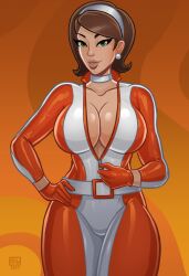 1960s 2024 60s belt big_breasts breasts cate_archer choker cleavage_cutout female gloves headband monolithic-sloth no_one_lives_forever secret_agent short_hair spy thick_thighs tight_clothing