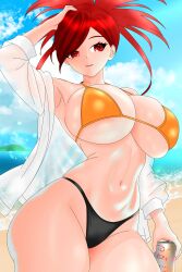 beach bikini black_bikini_bottom curvy flannery_(pokemon) highleg huge_breasts open_shirt orange_bikini_top pokemon pokemon_rse round_breasts thick_thighs white_shirt wide_hips