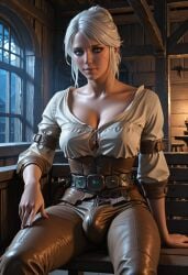 1futa ai_generated breasts bulge bulge_through_clothing ciri cleavage futanari green_eyes sparcy the_witcher_(series) the_witcher_3:_wild_hunt white_hair
