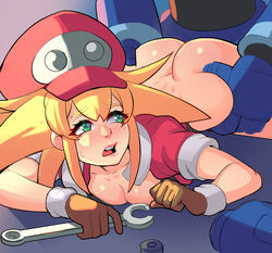 1boy 1girls ambiguous_penetration ass ass_grab big_ass blonde_hair blush bottomless faceless_male female female_penetrated from_behind gloves grabbing grabbing_from_behind green_eyes greenmarine medium_hair mega_man mega_man_legends mega_man_volnutt pale-skinned_female pale_skin roll_caskett thick_ass