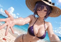 1girl ai_generated bangs bare_shoulders beach bikini blue_sky blush breasts cleavage closed_mouth cloud collarbone day earrings genshin_impact hat hat_bow jewelry keqing_(genshin_impact) kermixx large_breasts looking_at_viewer navel ocean outdoors purple_bikini purple_eyes purple_hair reaching_towards_viewer shiny shiny_skin short_hair sky smile solo straw_hat sun_hat swimsuit water wet