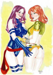 2016 2girls adriana_tavares ass ass_grab big_ass female female_only lesbian marvel psylocke rachel_grey red_hair traditional_media_(artwork) x-men