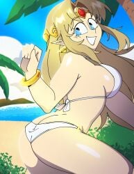 1girls ass ass_focus beach beach_background bikini blue_eyes breasts female female_focus female_only long_hair looking_at_viewer looking_back panties princess_zelda quintzee quintzy_xd ring solo solo_female teeth teeth_showing the_legend_of_zelda yellow_hair zelda_(ocarina_of_time)