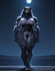 1girl abs ai_generated animal_ears backlighting black_fur blue_eyes body_fur breasts completely_nude corset explicit female_pubic_hair full_body full_moon furry furry_female large_breasts long_hair looking_at_viewer moon moonlight muscular muscular_female night night_sky nipples nude nyx_x pubic_hair pussy questionable sky snout solo standing star_(sky) starry_sky thick_thighs thighs uncensored walking