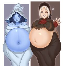 2girls 4_arms big_breasts blonde_hair bloodborne blue_body blue_eyes blue_hair blue_skin bonnet crossover doll doll_joints elden_ring female female_only fromsoftware fully_clothed hellbrain huge_belly huge_breasts hyper hyper_belly hyper_pregnancy lolita_fashion looking_at_viewer multi_arm one_eye_closed outie_navel pale-skinned_female pale_skin plain_doll platinum_blonde_hair pregnant ranni_the_witch ready_to_pop smile sweat waving wide_hips wink witch witch_hat