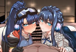 1boy 2girls ai_generated arknights astesia_(arknights) astgenne_(arknights) bird_girl blue_eyes blue_hair blue_shirt blush cooperative_fellatio fellatio hetero huge_breasts kissing_penis large_penis long_hair oral penis_on_cheek ponytail sisters sparkling_eyes sweat teamwork white_dress