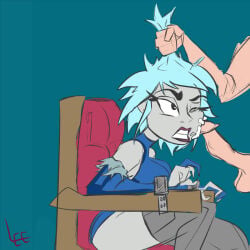 1boy 1girls blue_hair bondage captured captured_villainess chair cum cum_on_face dc_comics erection female femsub hair_grab killer_frost lee-g-88 male maledom one_eye_closed penis shackles