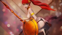 3d ass breasts high_heels jic_jic long_hair nipples pyrrha_nikos red_hair shield spear weapon